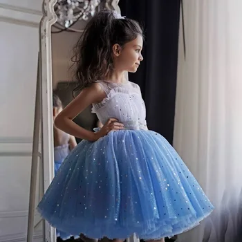 Peri Kız Elbise Yaz Pullu Yıldız Örgü Moda Küçük Prenses Elbise Noel Doğum Günü Partisi Hediye 2-10 Yıl Çocuk Giysileri