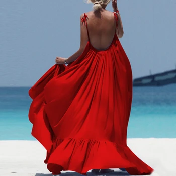 Plaj Elbise Gevşek Düz Renk Uzun Maxi Elbise 2022 Backless Sundress Büyük Boy Robe Femme Casual Vestidos Femininas