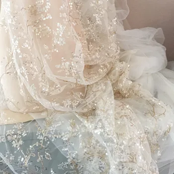 Yüksek dereceli altın iplik nakış pullu örgü dantel kumaş tasarımcısı düğün elbisesi aksesuarları kumaş